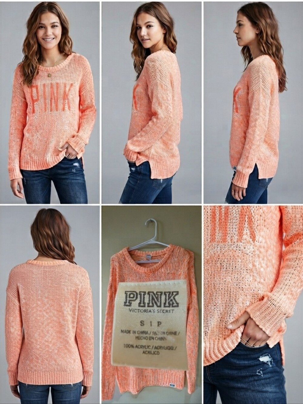 Victoria's Secret PINK Neon Orange Marled Open Knit Crewneck Sweater